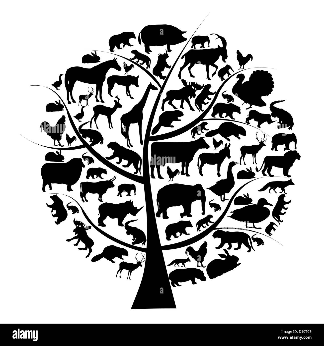 Vector set d'animaux silhouette sur arbre. Banque D'Images