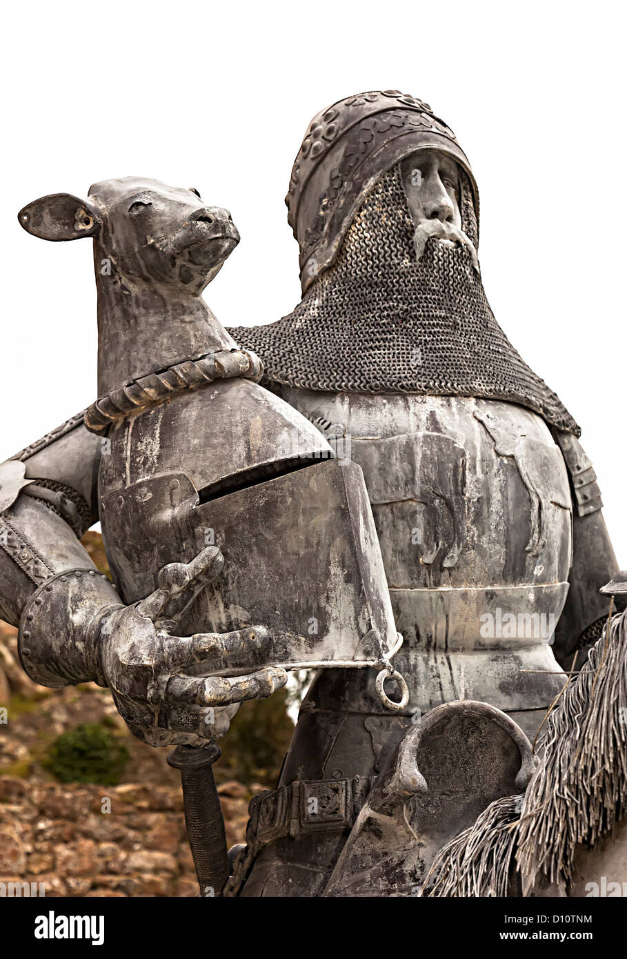 Chevalier à cheval statue en métal, château Mont Orgueil, Gorey, Jersey, Channel Islands, Royaume-Uni Banque D'Images