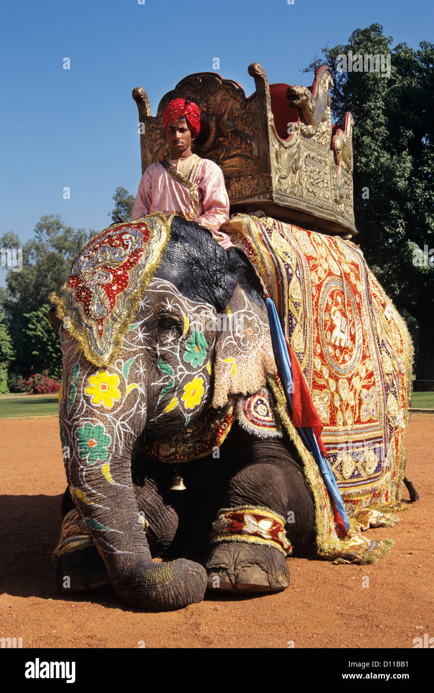 JAIPUR RAJASTHAN INDE ÉLÉPHANT DÉCORÉ AVEC CHAUFFEUR ET HOWDAH Banque D'Images