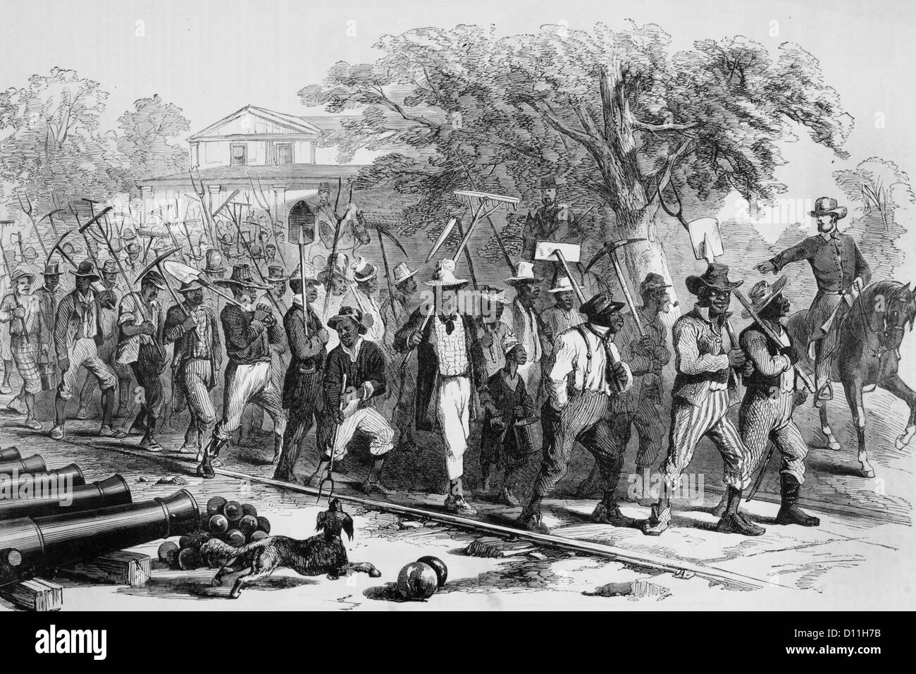 L'ILLUSTRATION 1860 GUERRE CIVILE MATIN CONTREBANDE RASSEMBLEMENT travailleurs afro-américains des journaliers À LA FORTERESSE MONROE VIRGINIA USA Banque D'Images