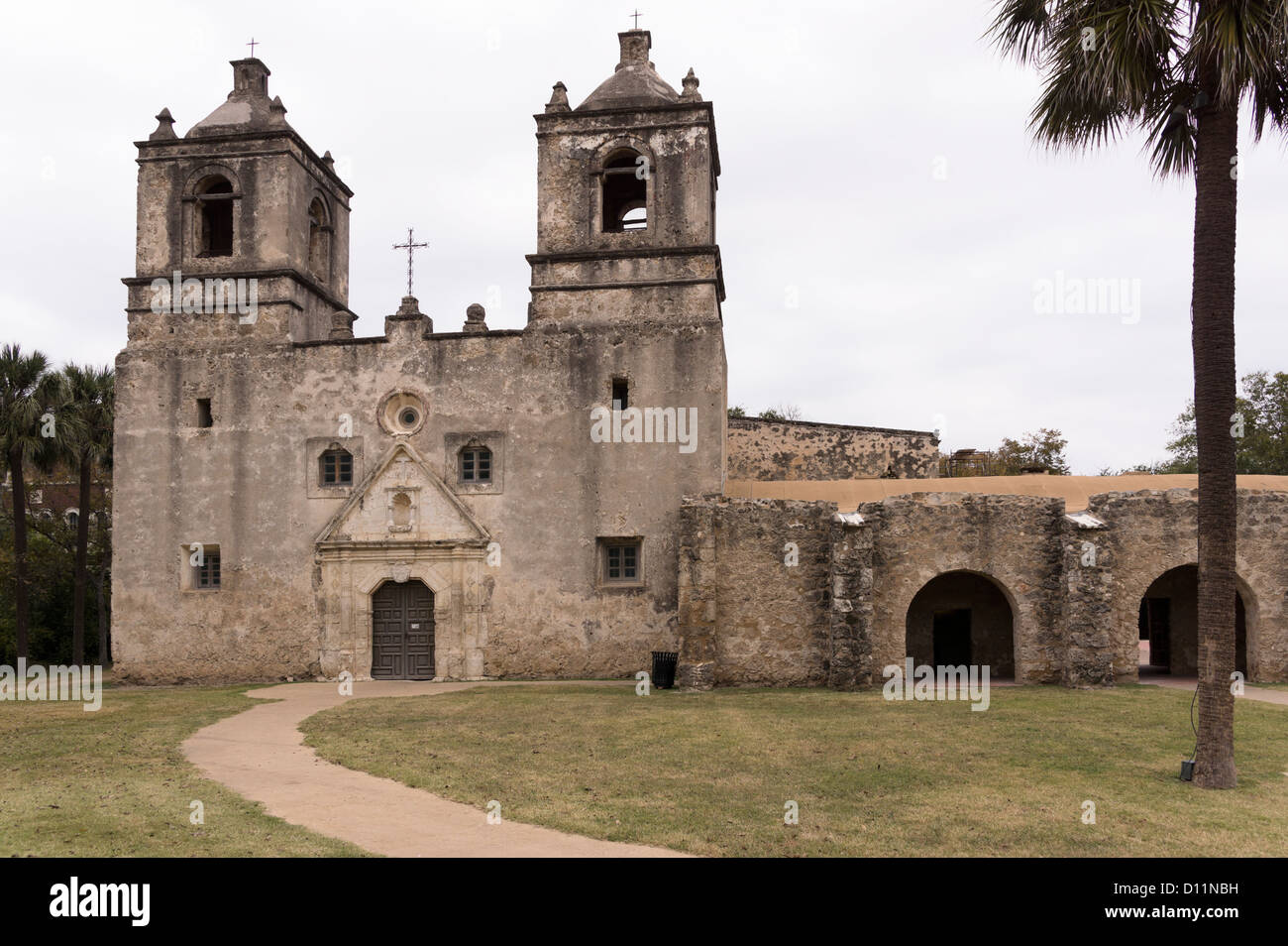 Avant de l'église à Mission Concepcion à San Antonio, Texas. Banque D'Images