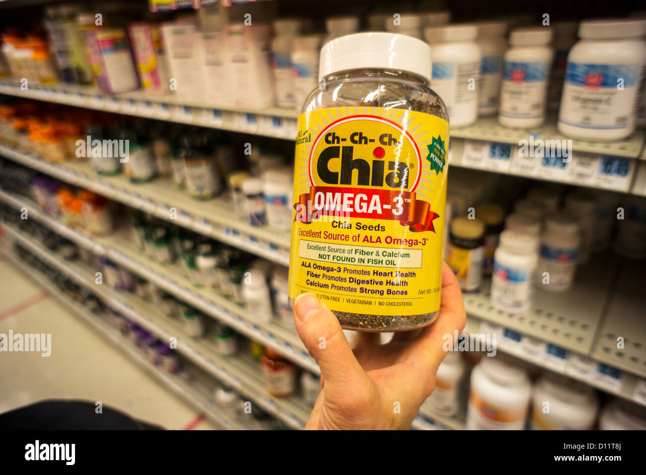 Les graines de Chia, riches en oméga-3 , sont vus dans une pharmacie à New York Banque D'Images