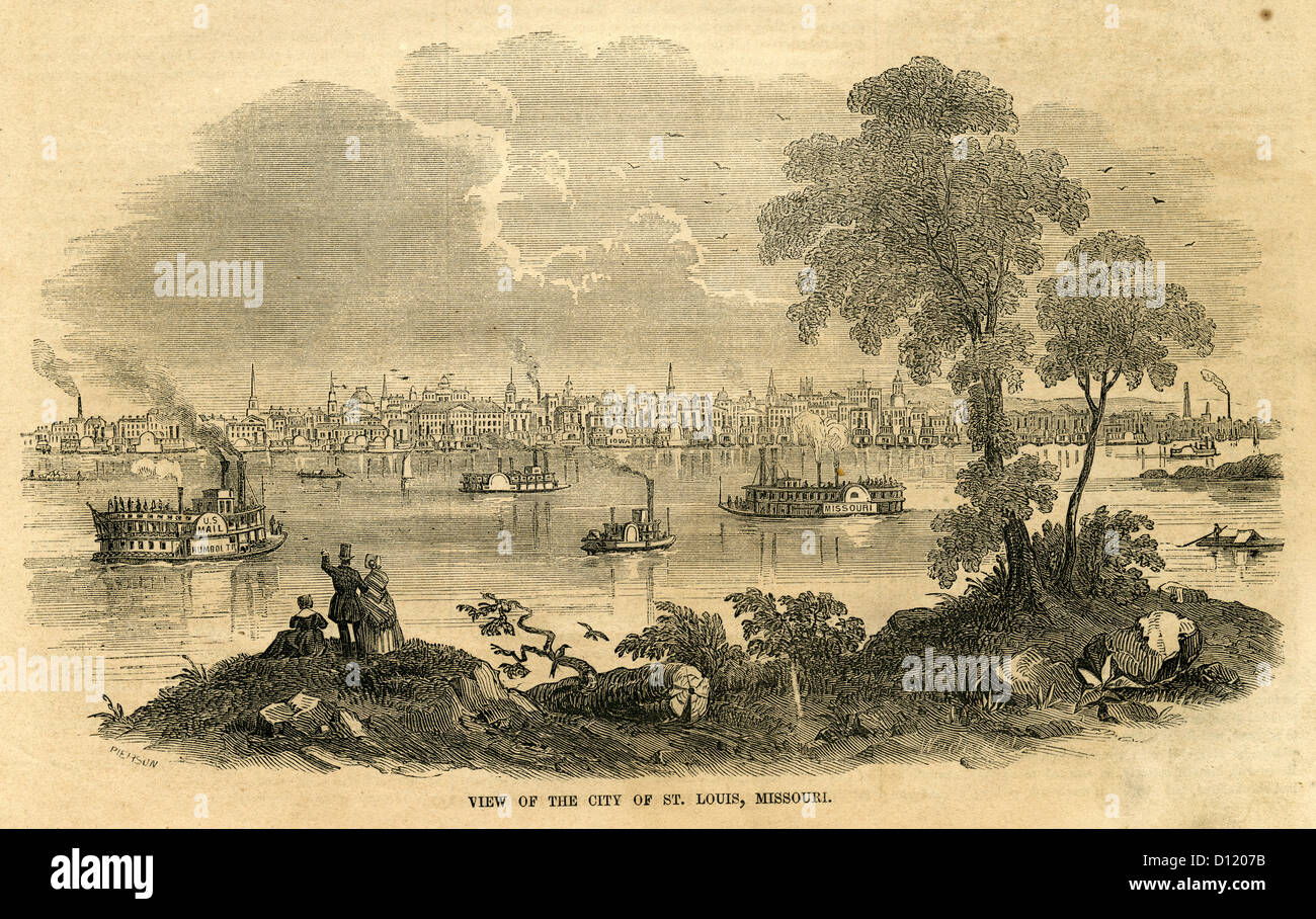 1854 gravure, vue sur la ville de St Louis, Missouri sur le fleuve Mississippi. Banque D'Images