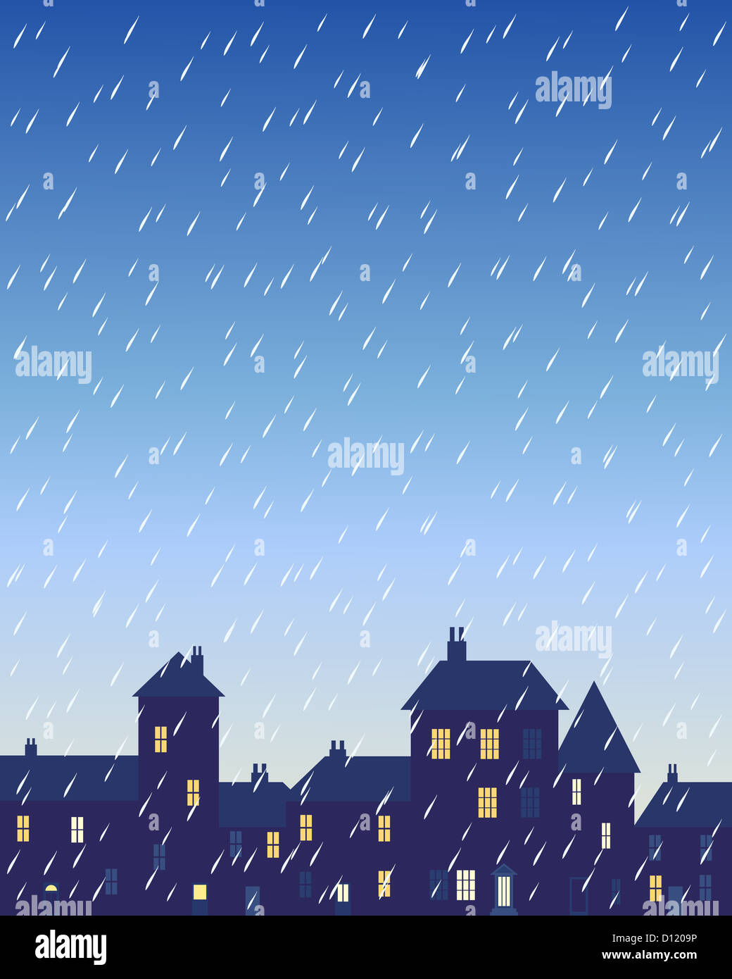 Une illustration d'un jour de pluie dans une ville avec divers bâtiments en forme et maisons aux fenêtres éclairées sous un ciel d'orage Banque D'Images