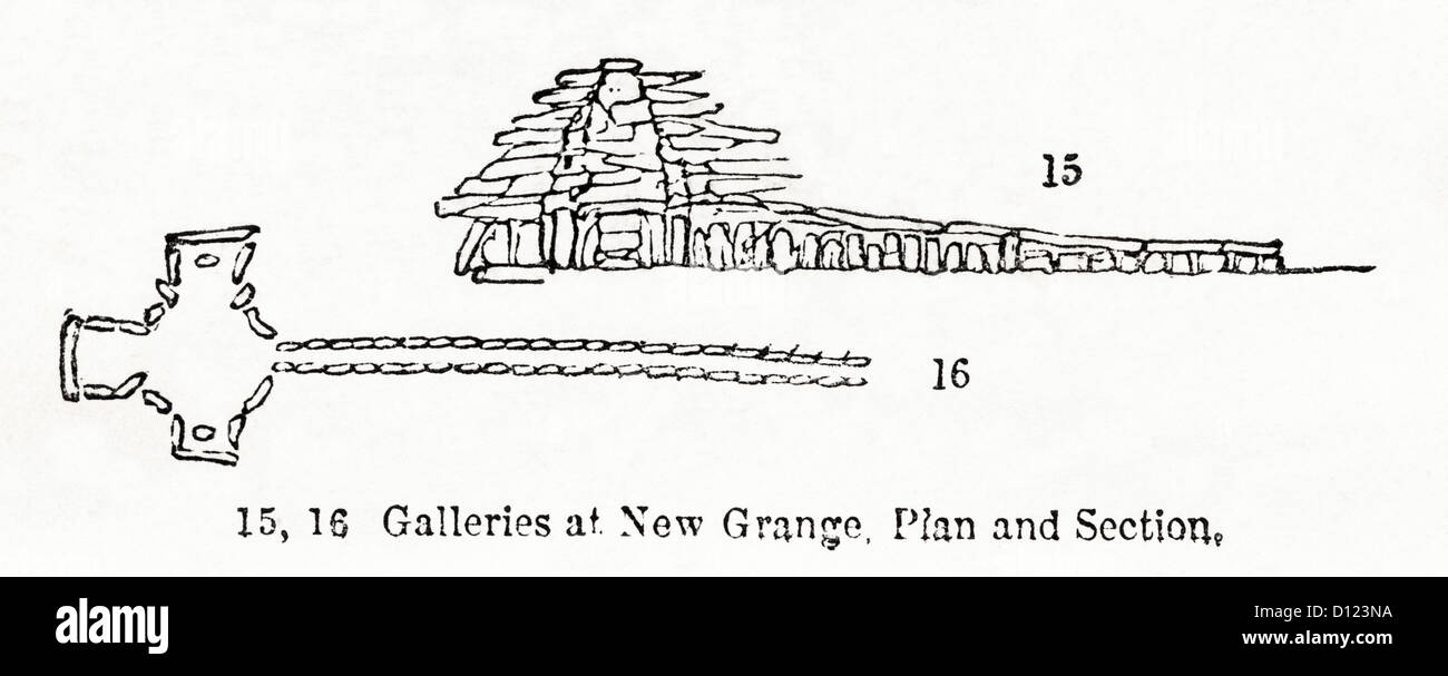 Plan et l'article de Newgrange tumulus néolithique BC 3200 Comté de Meath en Irlande. La gravure sur bois victorien circa 1845 Banque D'Images