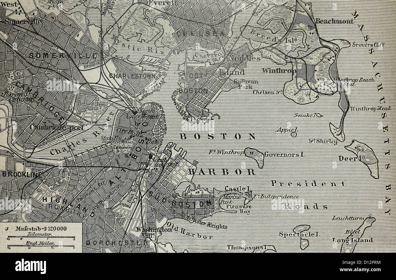 Vintage ancienne carte du port de Boston à la fin du 19ème siècle Banque D'Images