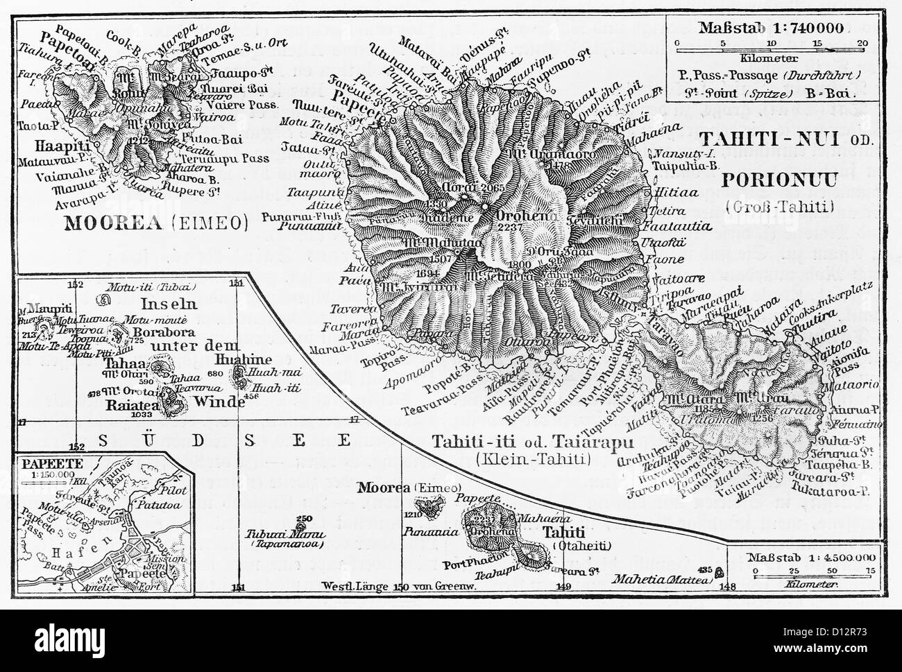 Vintage carte de Tahiti island à la fin du 19ème siècle Banque D'Images