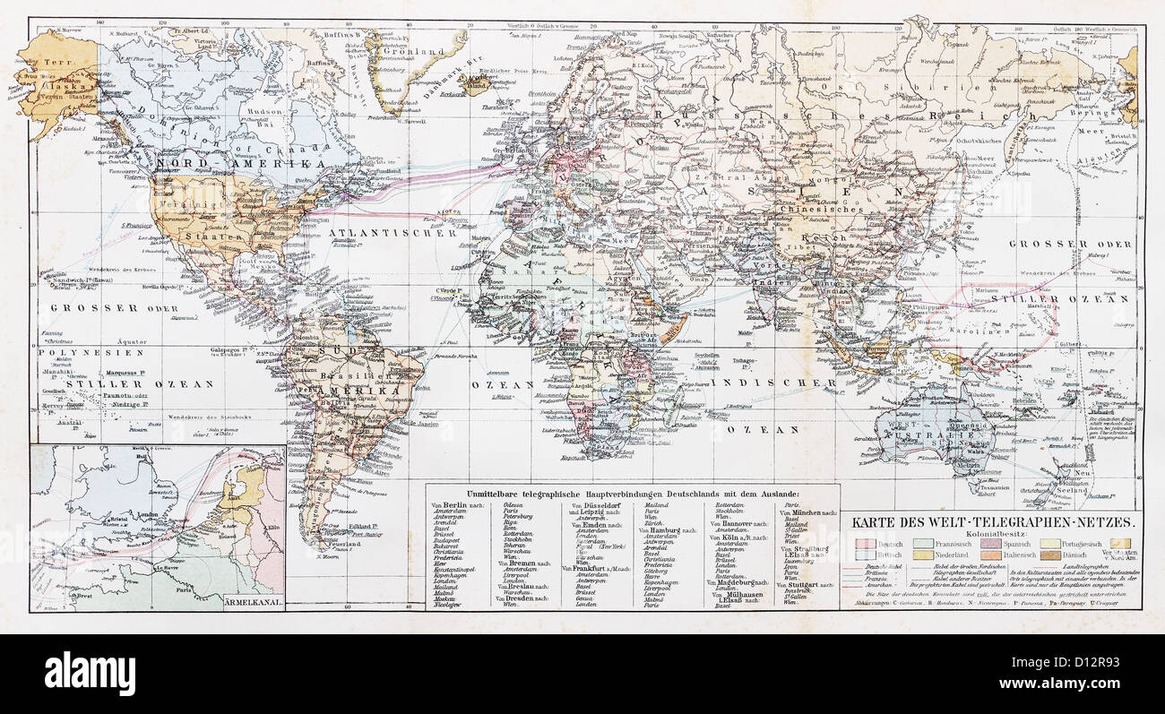 Vintage carte du monde réseau télégraphique au début du 20e siècle Banque D'Images