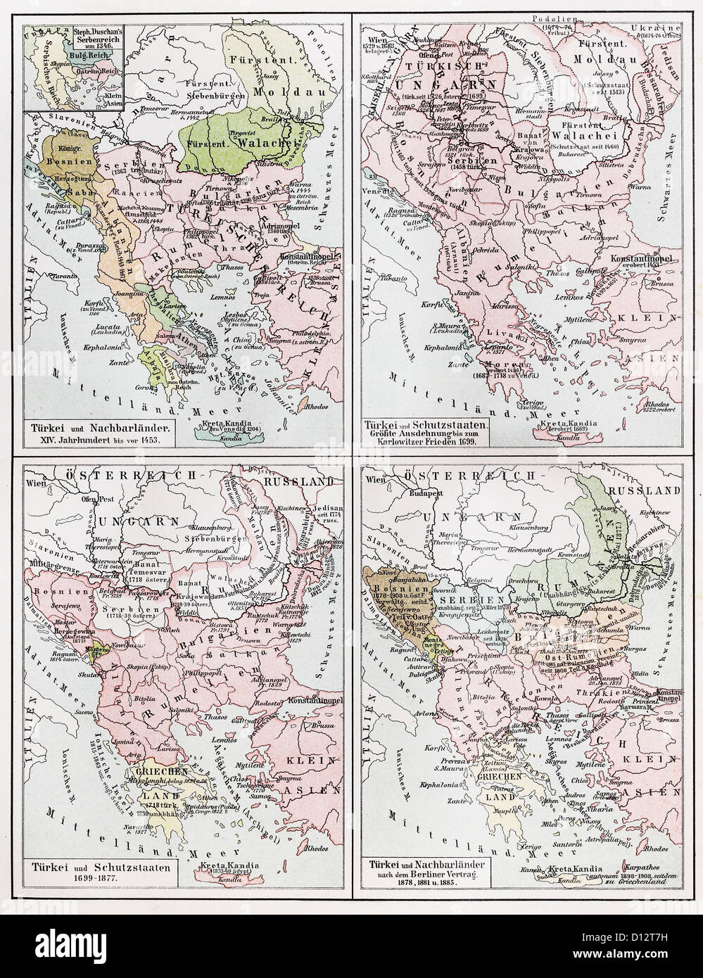 Carte vintage représentant les territoires européens de l'Empire turc entre 1453 et 1885 Banque D'Images