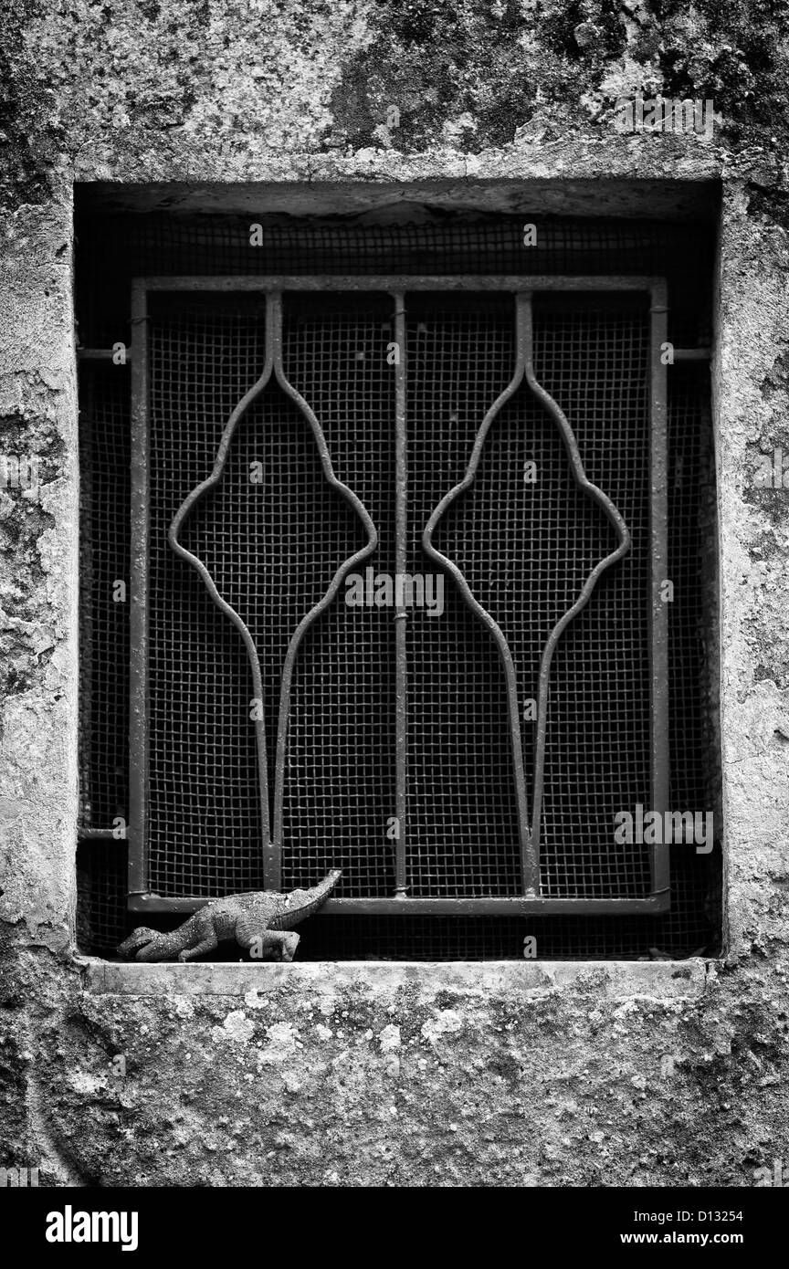 La fenêtre de style italien avec dinosaur toy perché contre châssis de fenêtre Banque D'Images