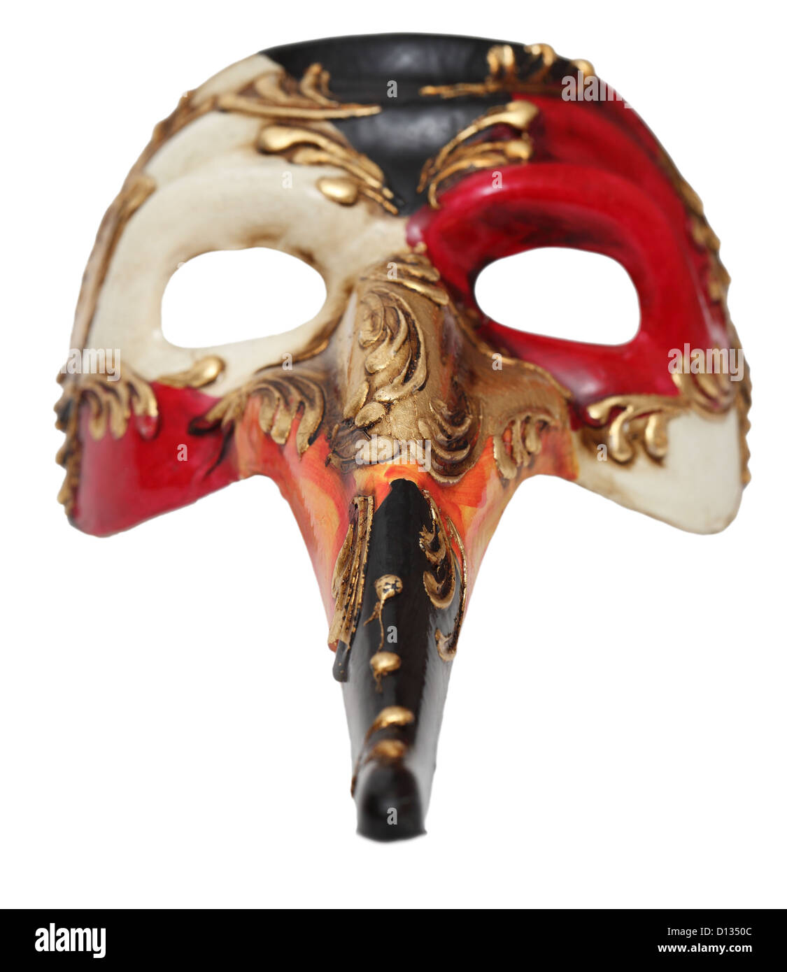 Image frontale d'un long nez masque de Venise sur un fond blanc. Banque D'Images