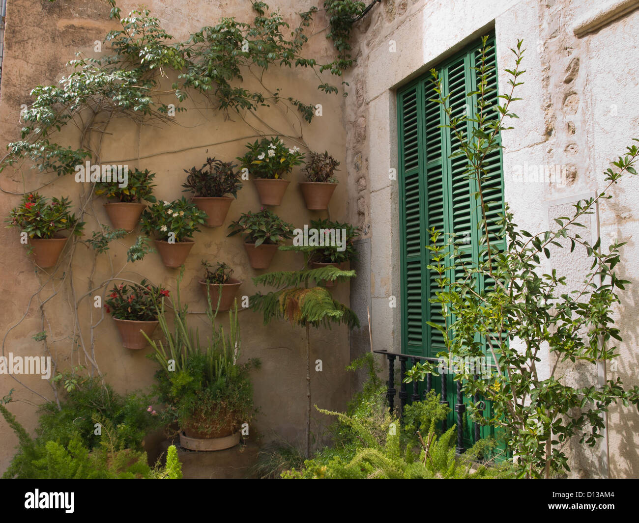 Les portes de balcon français vert, les plantes en pots sur le mur, une maison de couleur ocre à Valldemossa / Valldemosa Majorque Banque D'Images