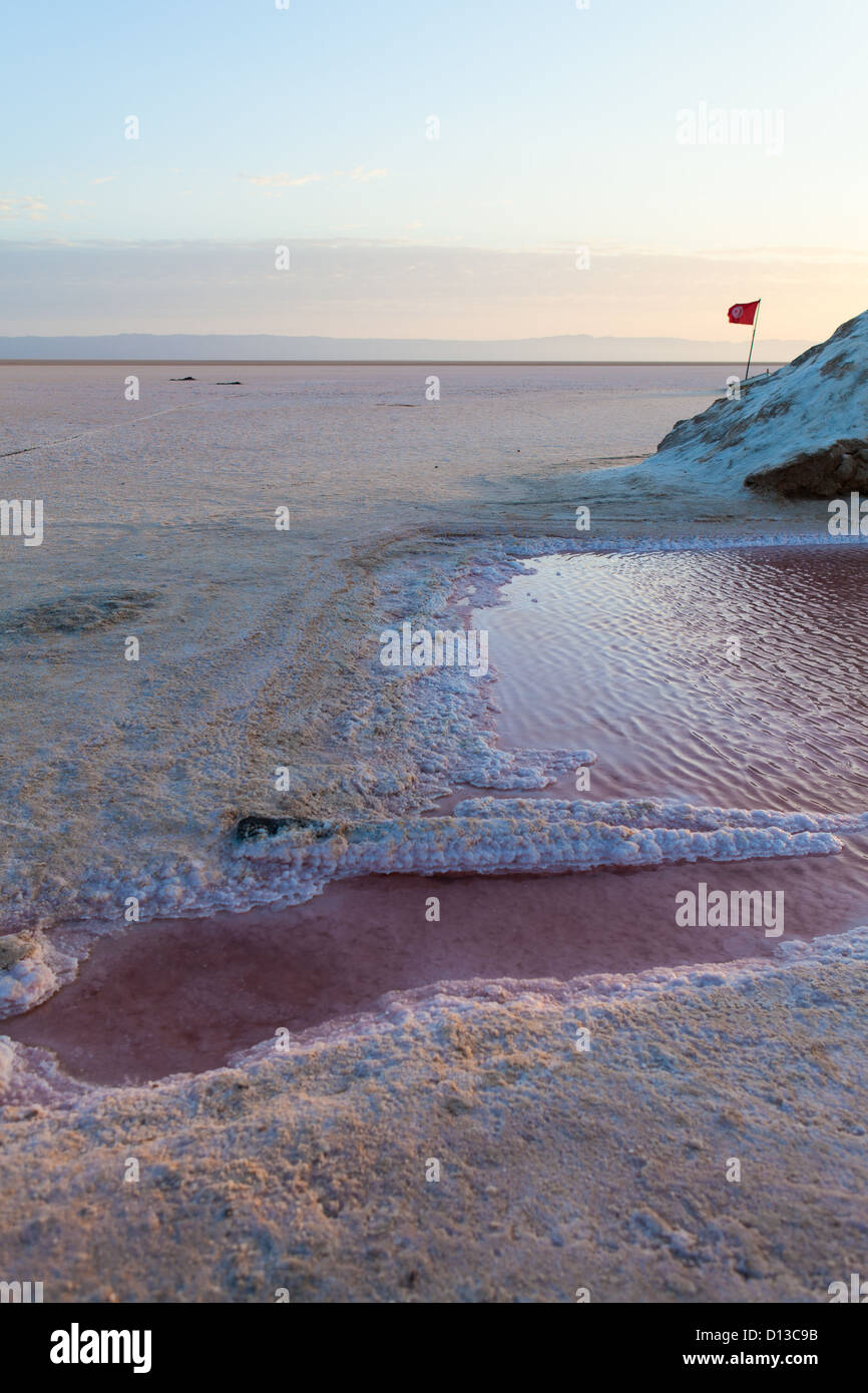 Lac salé Chott el Jerid dans le centre de la Tunisie. Tôt le matin, et le lever du soleil Banque D'Images