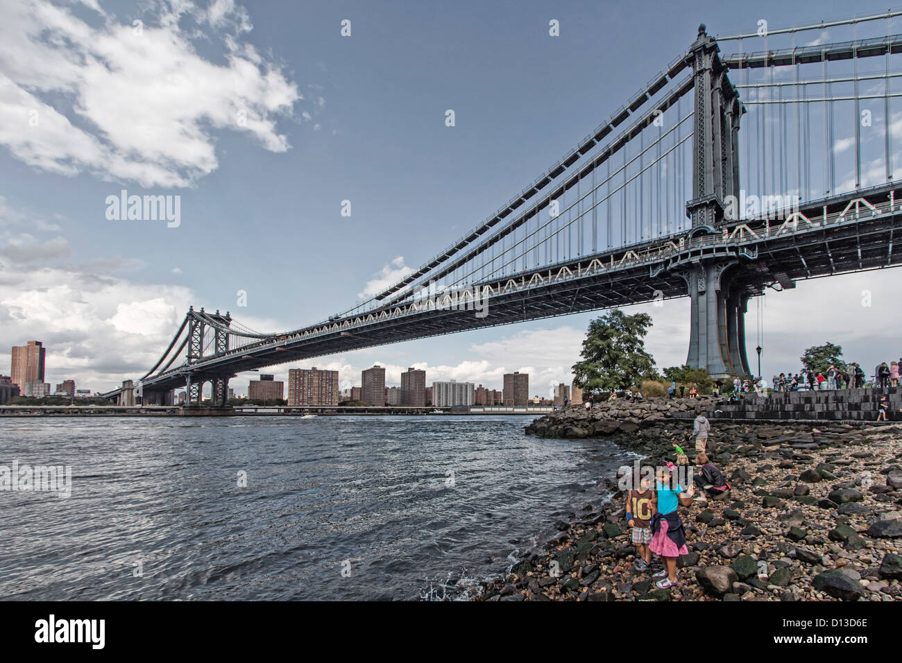 Dumbo, Brooklyn Bridge Park, pont de Manhattan, Manhattan Skyline Banque D'Images