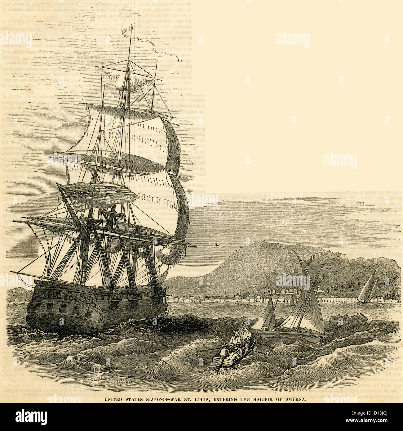 1854 gravure, United States Corvette de guerre St Louis, entrant dans le port de Smyrne (Turquie). Banque D'Images