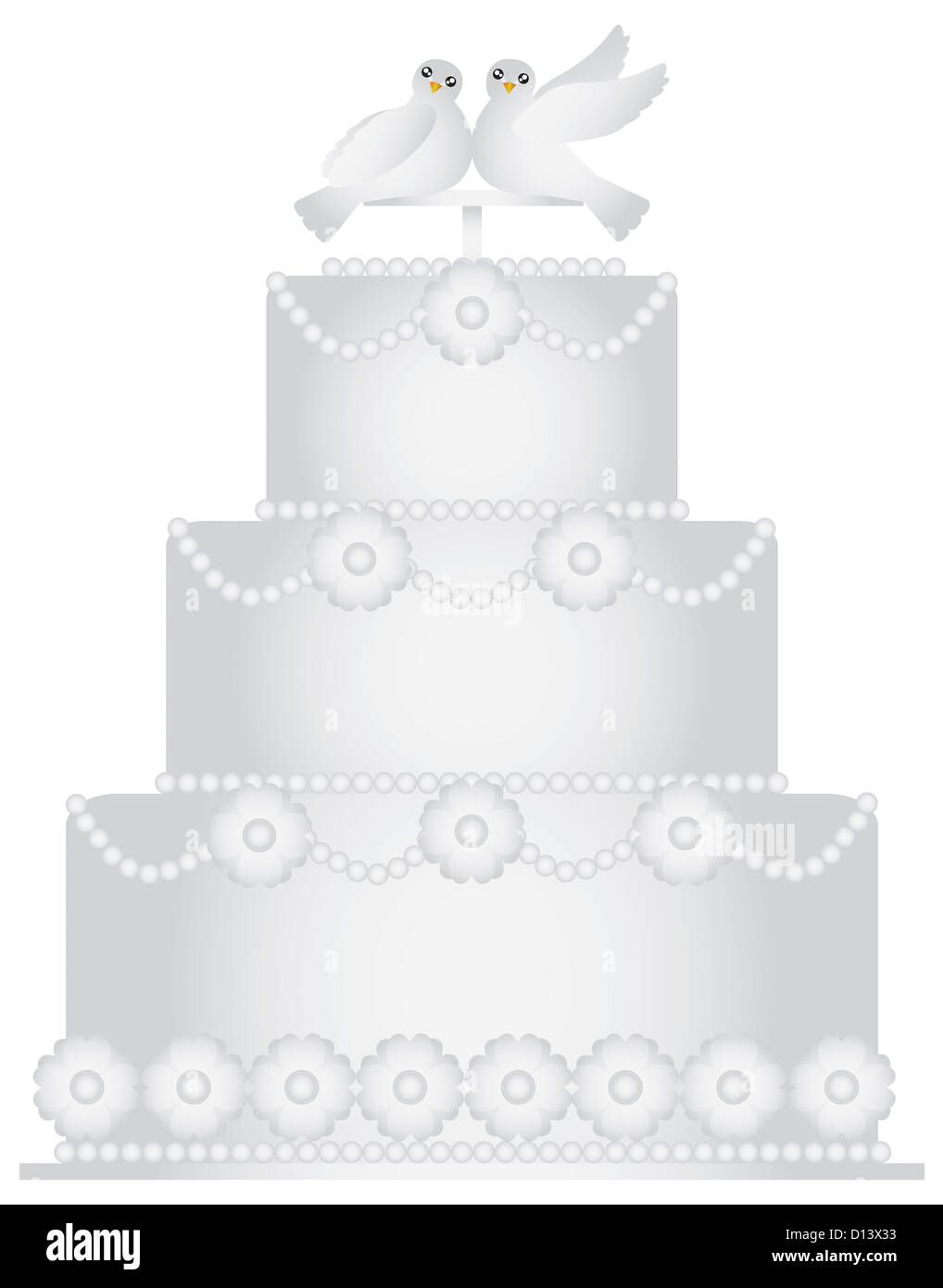 3 gâteau de mariage avec paire de colombes Cake Topper et décoration florale illustration isolé sur fond blanc Banque D'Images