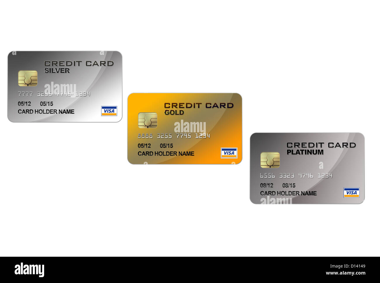 Argent, Platine et Or 0501 cartes de crédit Banque D'Images