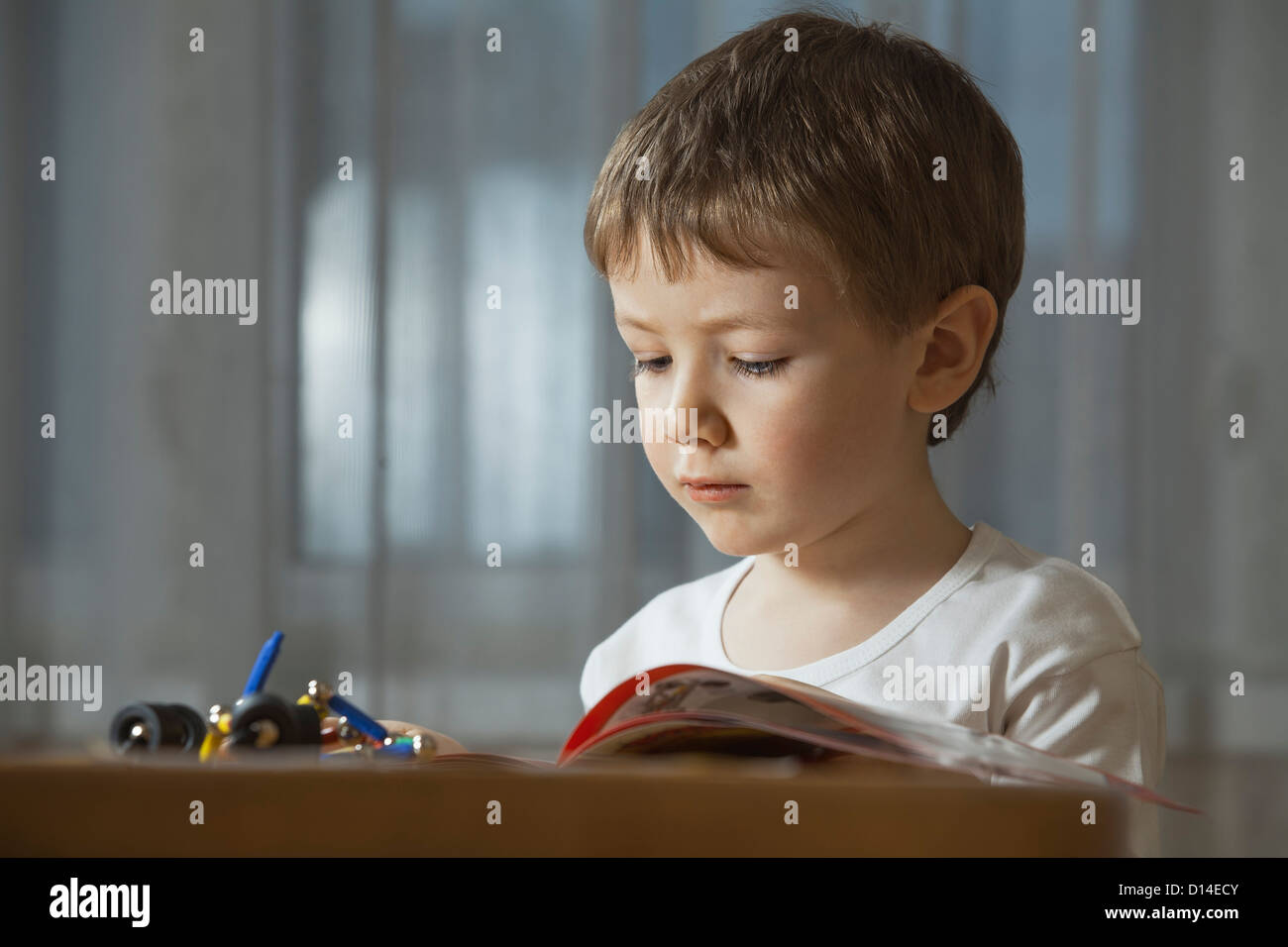 Portrait of young boy reading Banque D'Images