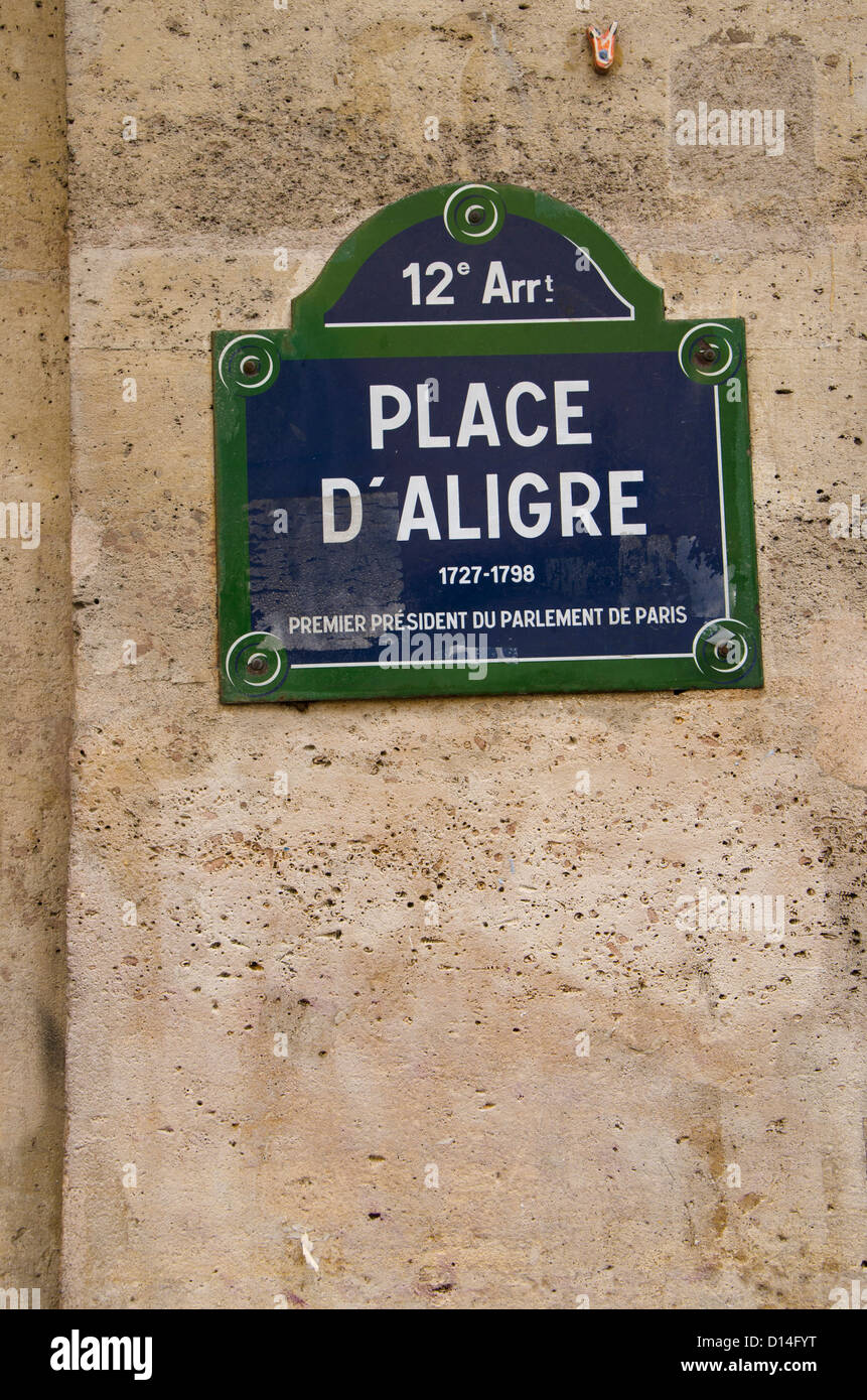 La place d'Aligre signe, Paris, France. Banque D'Images