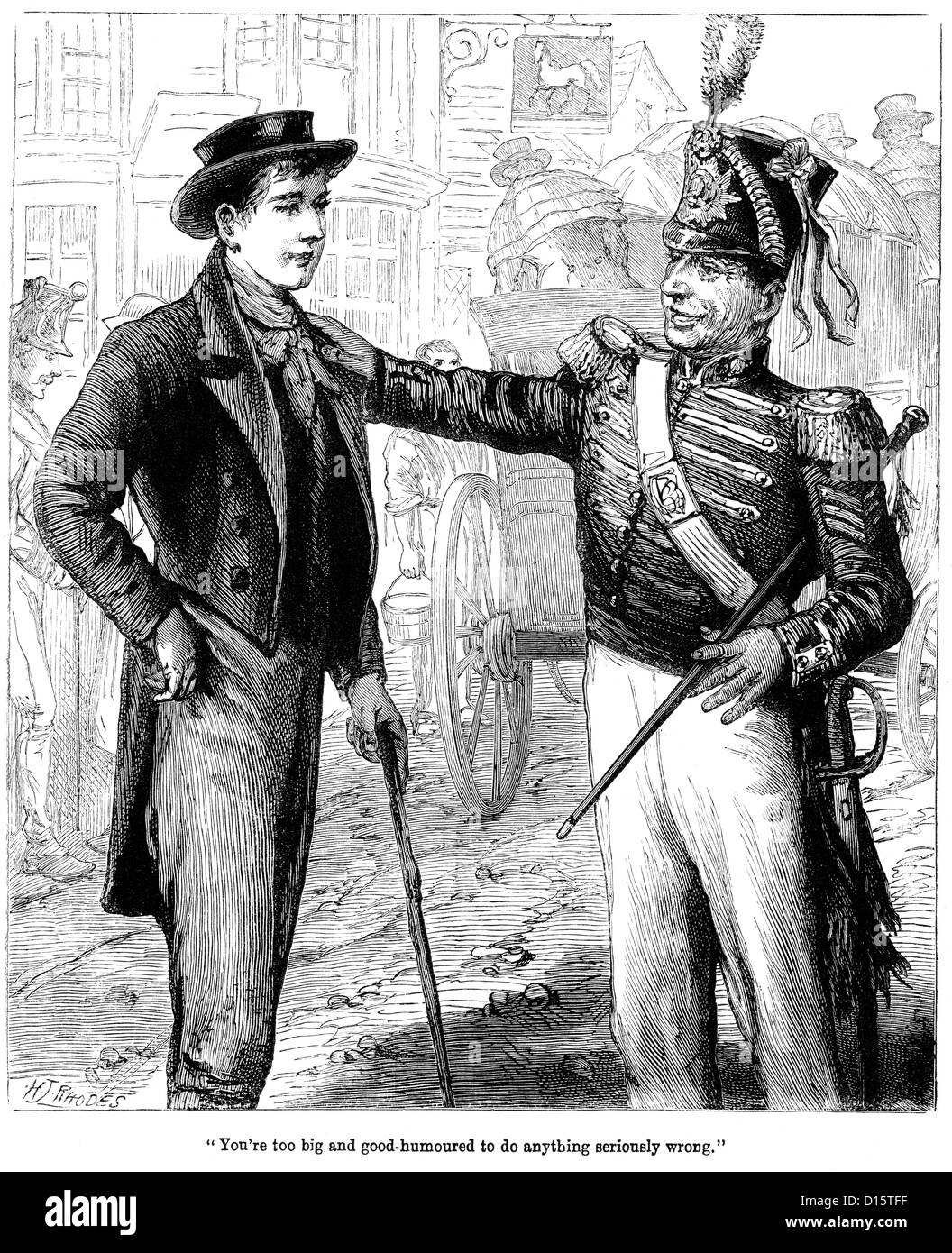 Le sergent recruteur de l'armée britannique à parler à une possible nouvelle recrue, circa 1815 Banque D'Images