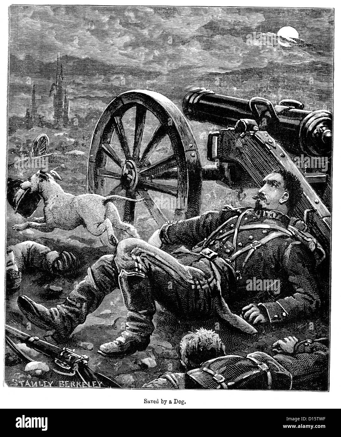 La gravure de l'époque victorienne d'une histoire de la guerre de Prusse, quand Franco un soldat blessé est sauvé par son chien de compagnie Banque D'Images