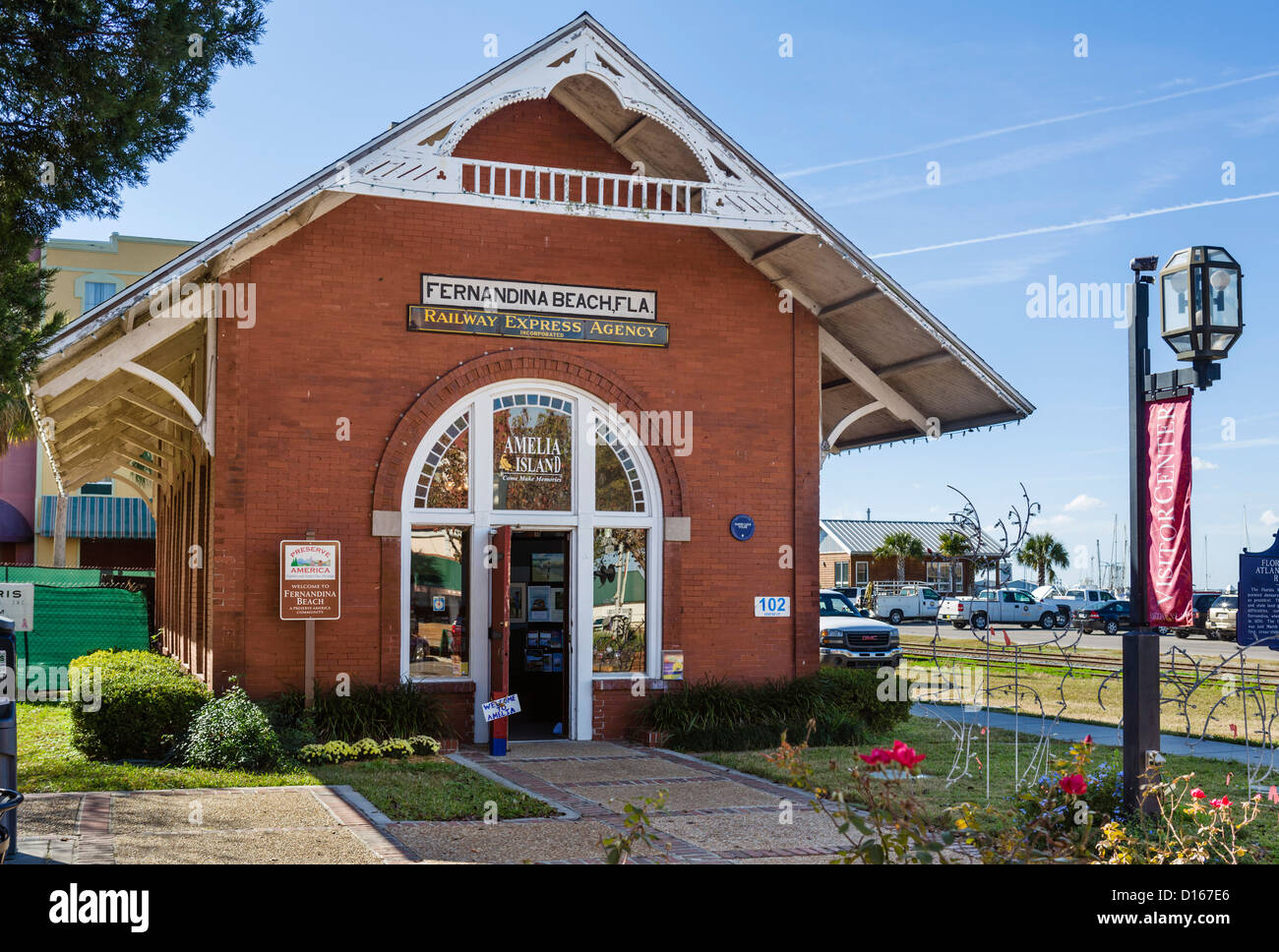 Historic Railroad Depot (maintenant le syndicat d'initiative), rue Centre, Fernandina Beach, Amelia Island, Floride, USA Banque D'Images