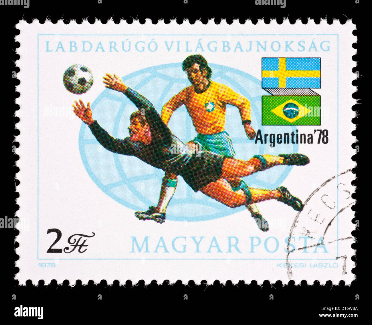 Timbre-poste de Hongrie représentant les joueurs de soccer. Banque D'Images
