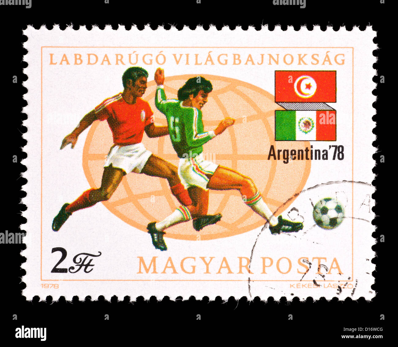 Timbre-poste de Hongrie représentant les joueurs de soccer. Banque D'Images