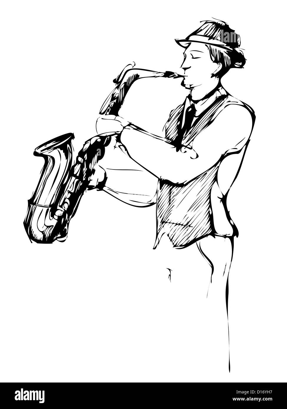 Un musicien avec un arcwise sketch saxophone Banque D'Images