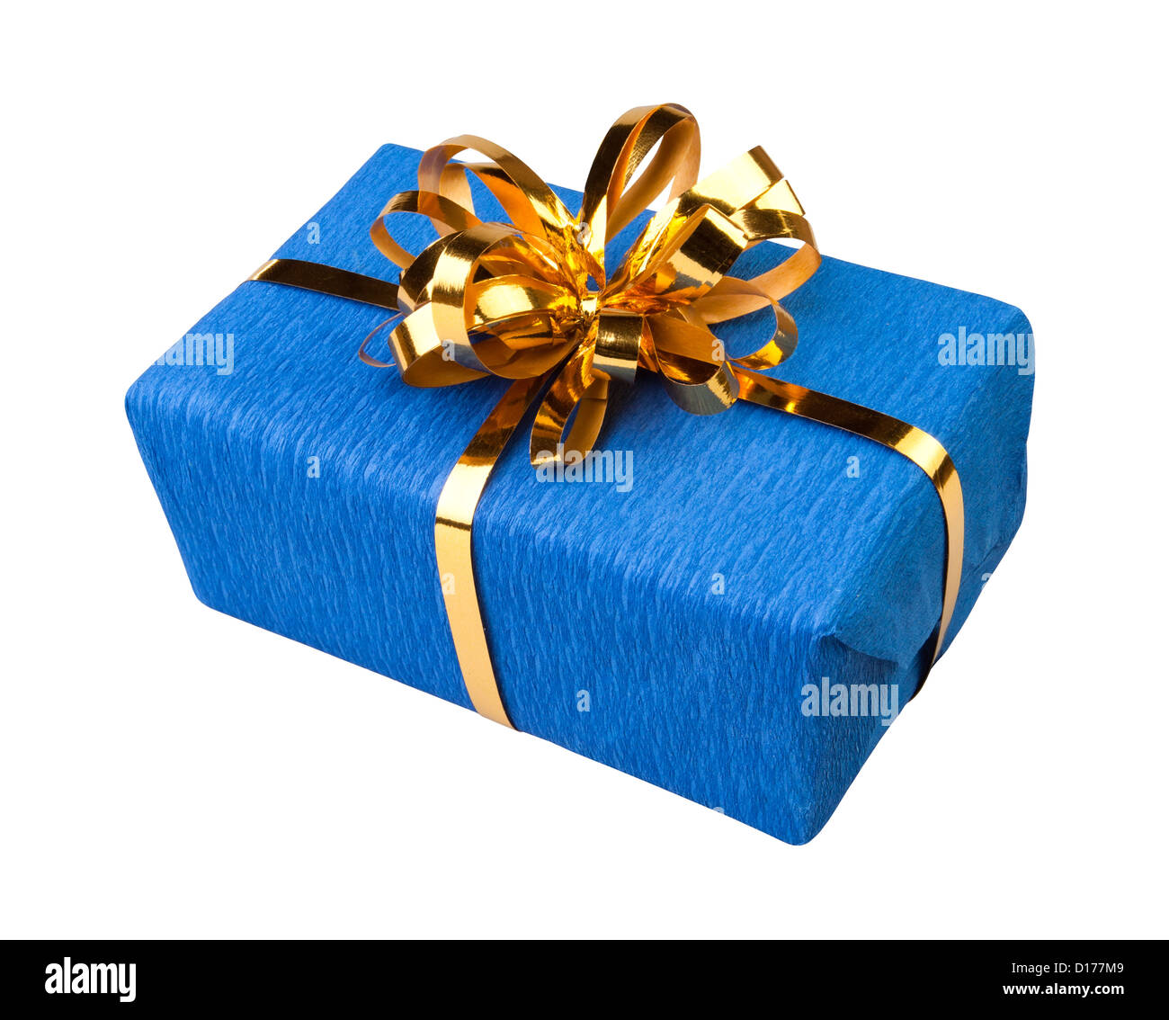 Boîte-cadeau présent bleu sur fond blanc Banque D'Images