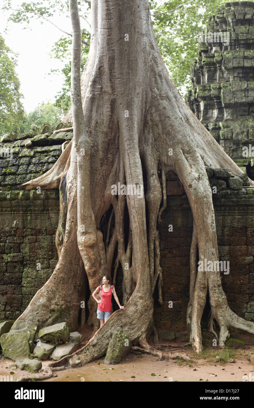 Femme debout par des racines d'arbre géant Banque D'Images