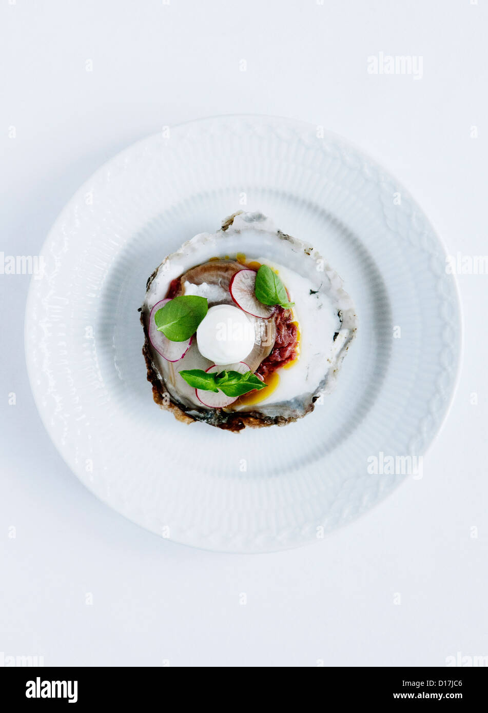 Une assiette d'huîtres avec le radis et fines herbes Banque D'Images