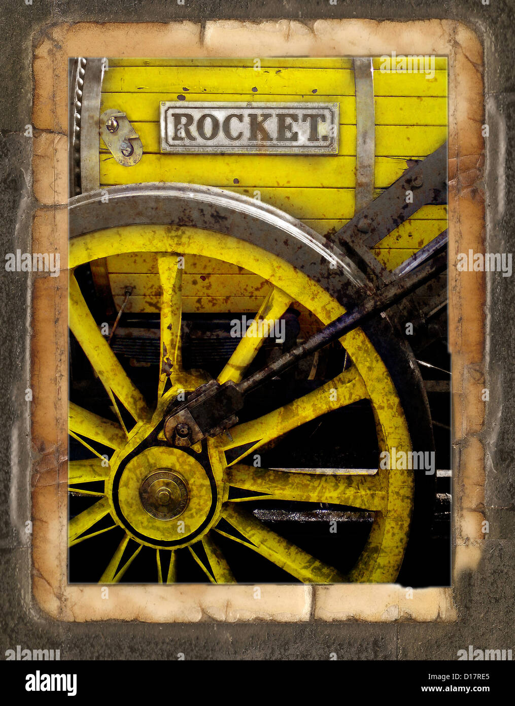 Réplique de Stephenson's Rocket, National Railway Museum, York, modifié pour ressembler à vieille photo dans un album Banque D'Images