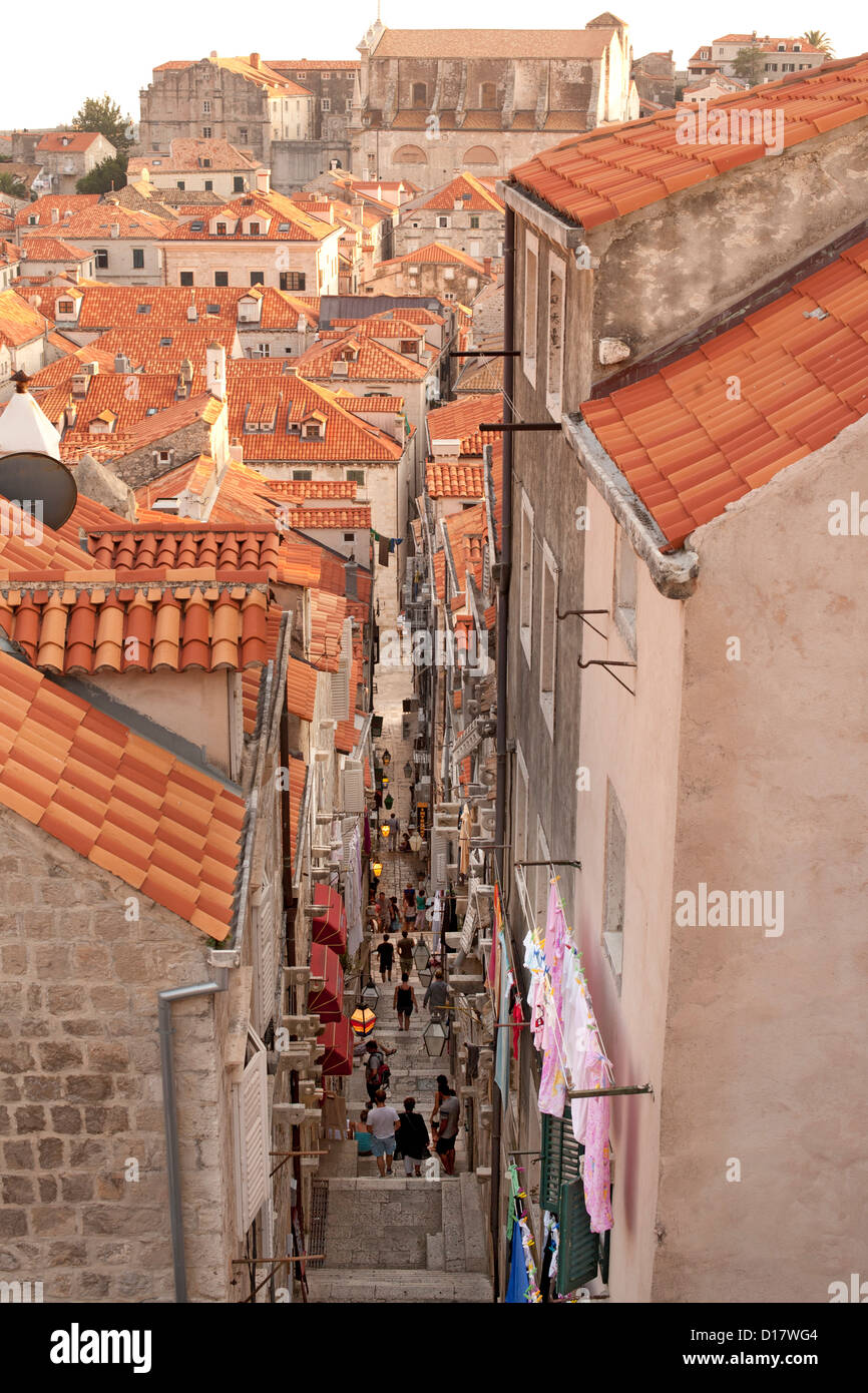 Vue sur les toits de la vieille ville dans la ville de Dubrovnik, sur la côte Adriatique de Croatie. Banque D'Images