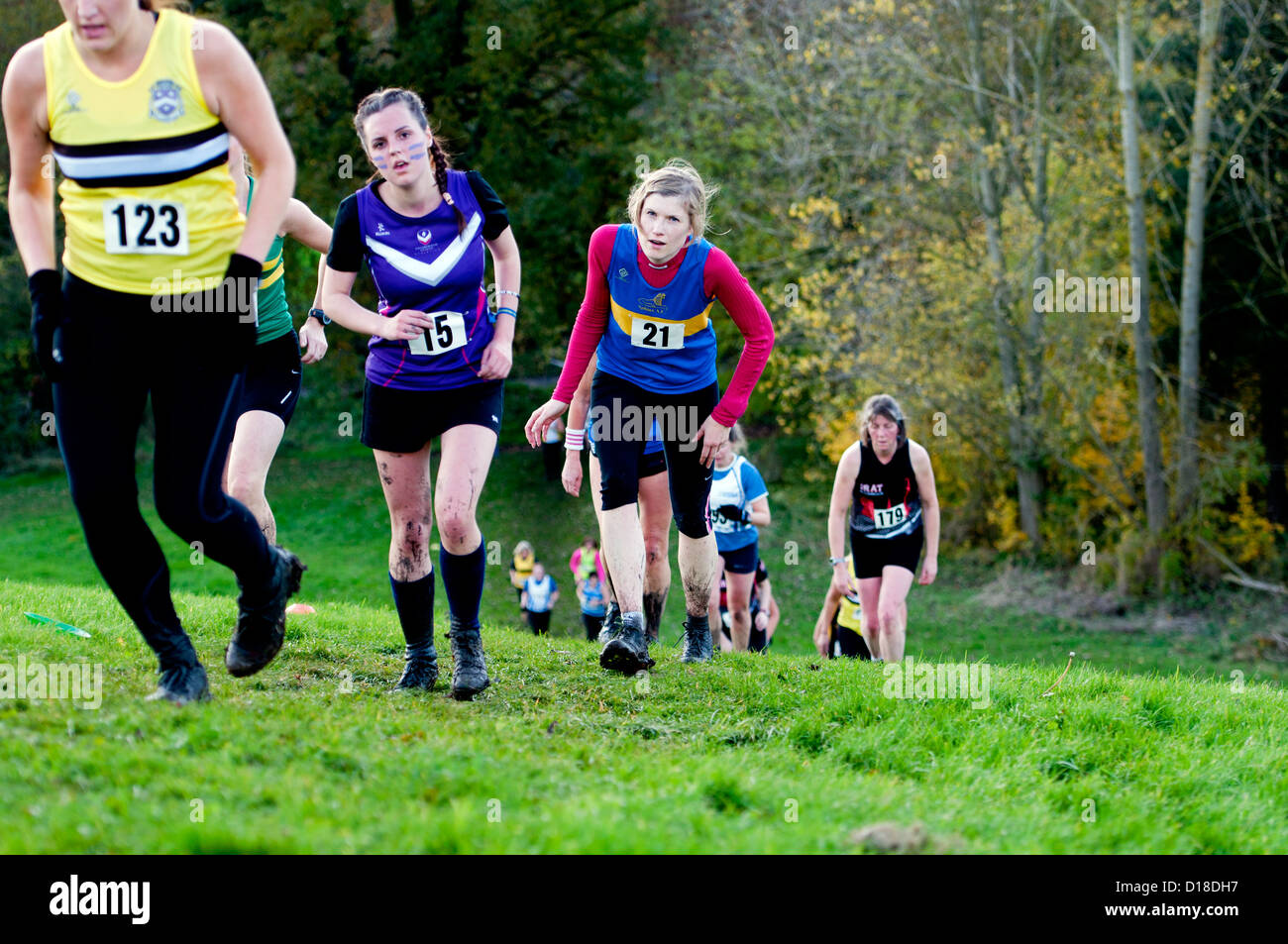 Les femmes en marche en montée dans une course de cross-country Banque D'Images