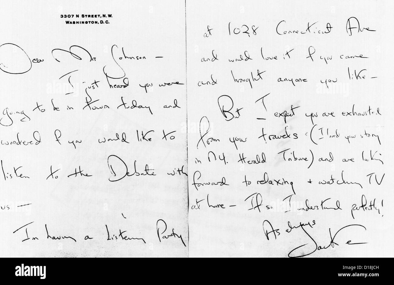 Invitation manuscrite de Jacqueline Kennedy à la vice-présidence prête-nom, Lyndon Johnson. Elle a été de l'inviter à son Banque D'Images