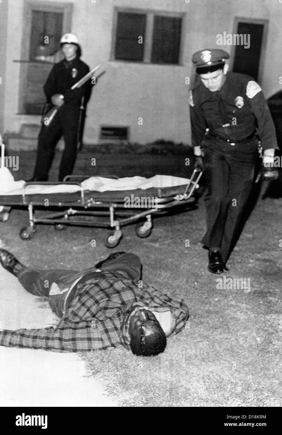 Mars 1966 Watts Riot. Un tireur a tué deux en Watts de Los Angeles. Ambulanciers ramasser le corps de l'unité africaine Banque D'Images Mars 1966 Watts Riot. Un tireur a tué deux en Watts de Los Angeles. Ambulanciers ramasser le corps de l'unité africaine Banque D'Images