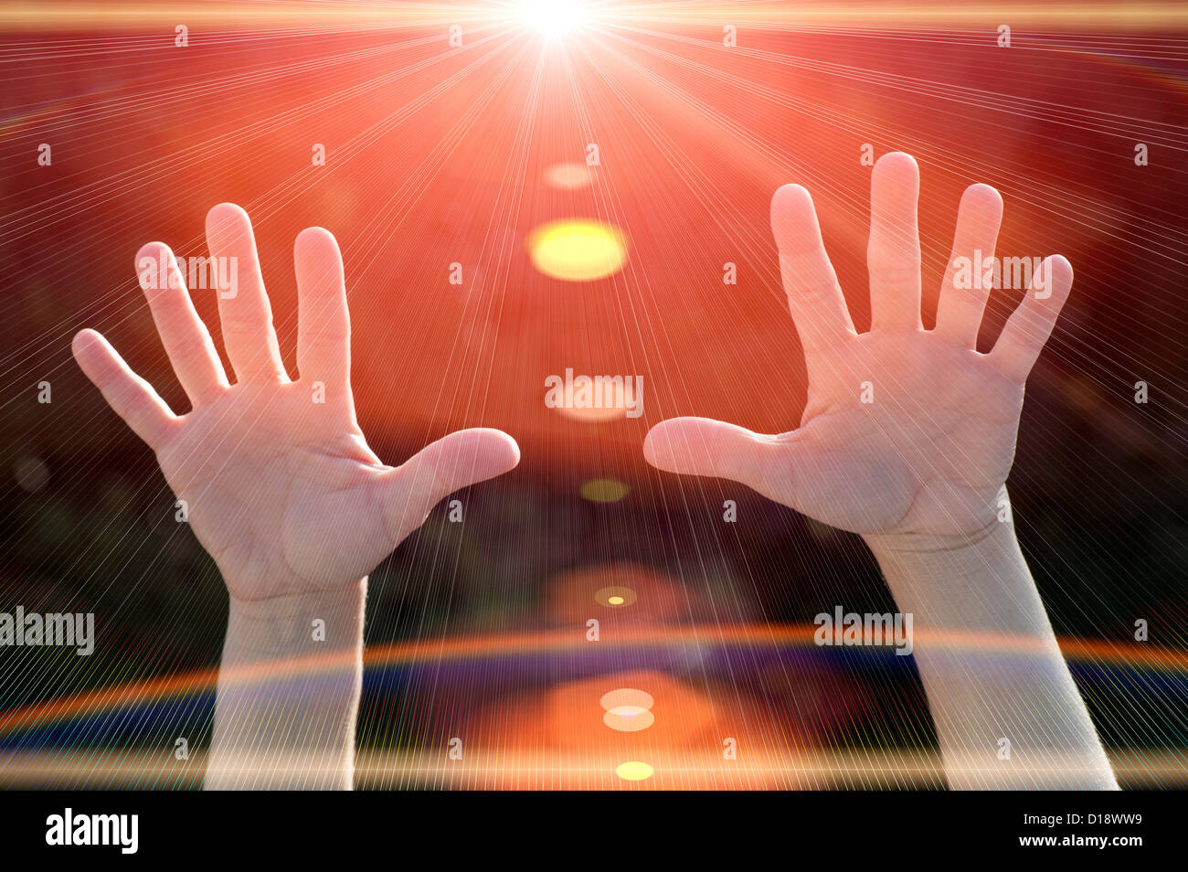 Abstract computer generated les bras étendus en lumière rouge lumineux Banque D'Images