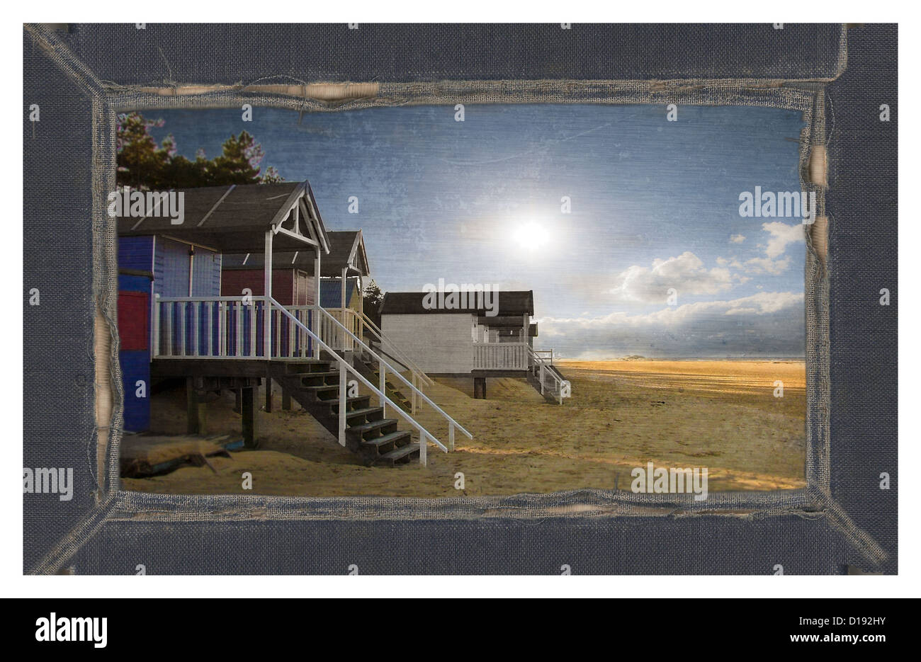 Cabines de plage mer Wells-next -modifié pour ressembler à de vieilles photos d'un album Banque D'Images