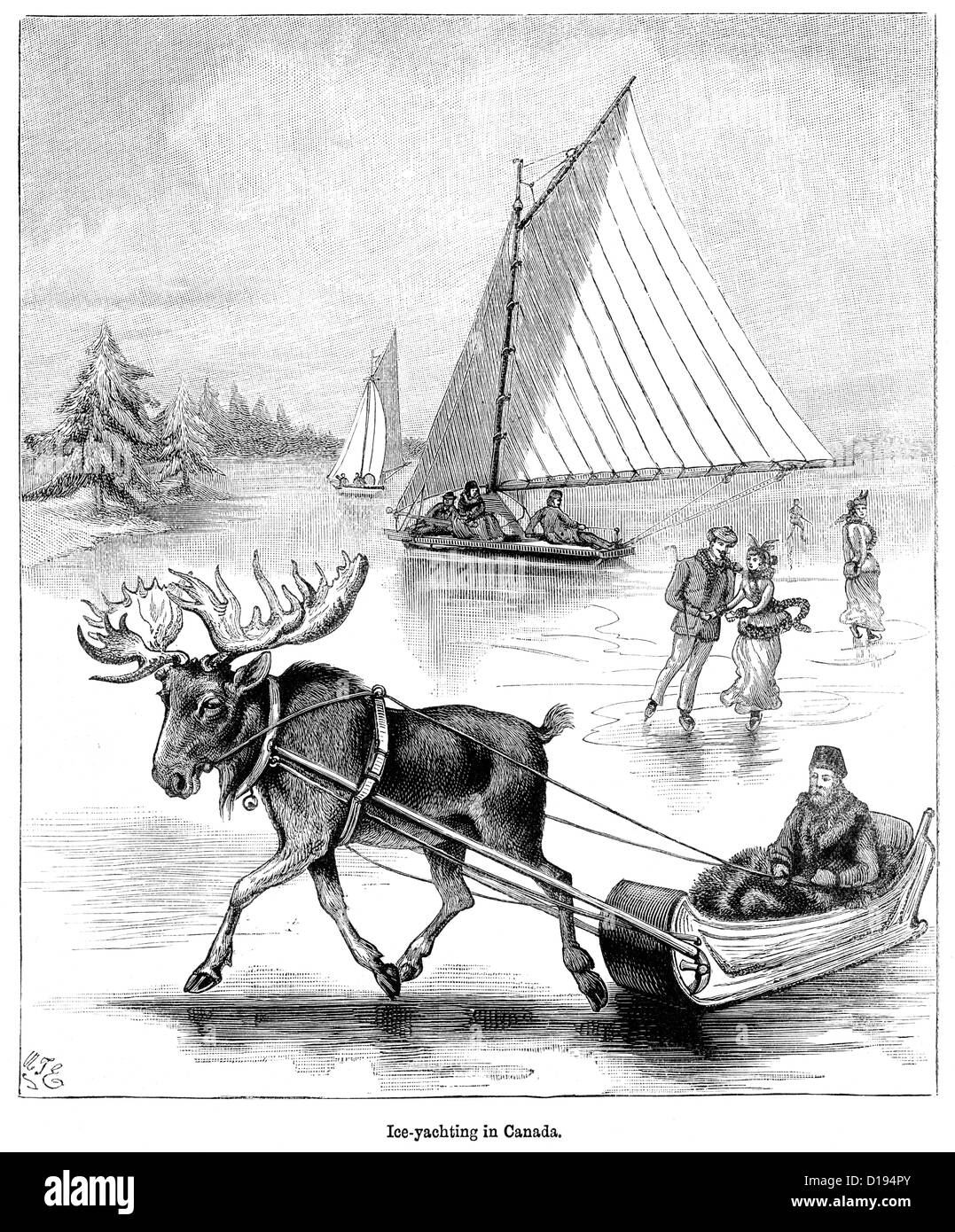 La gravure de l'époque victorienne de Yachting de glace au Canada, 1897 Banque D'Images