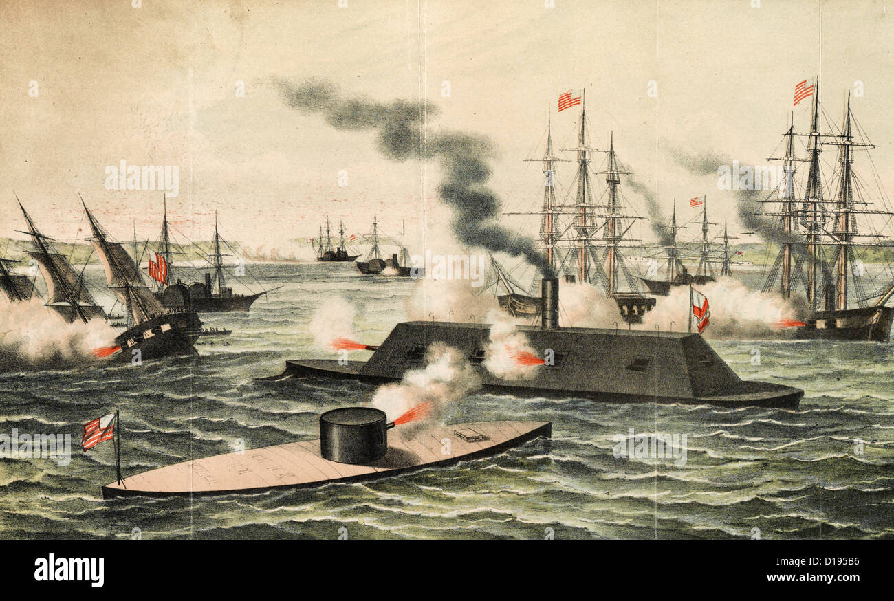 La première bataille entre les cuirassés - moniteur et le Merrimack tir à l'autre pendant le combat, avec d'autres cuirassés en arrière-plan, un naufrage sur la gauche. Banque D'Images