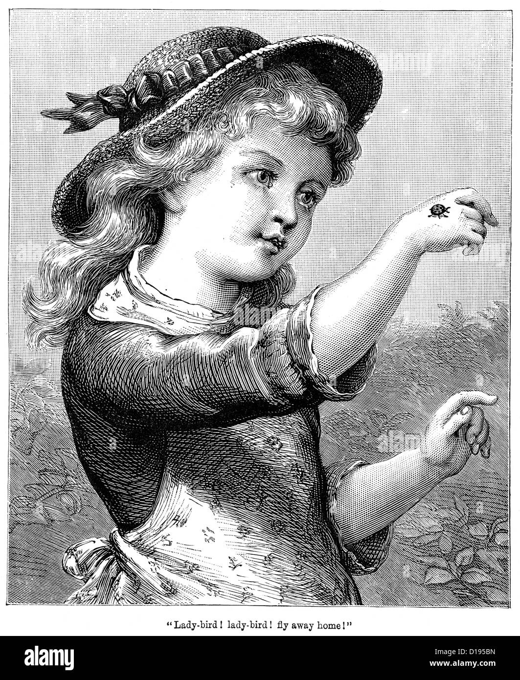 La gravure de l'époque victorienne d'une petite fille et d'une coccinelle, 1897 Banque D'Images