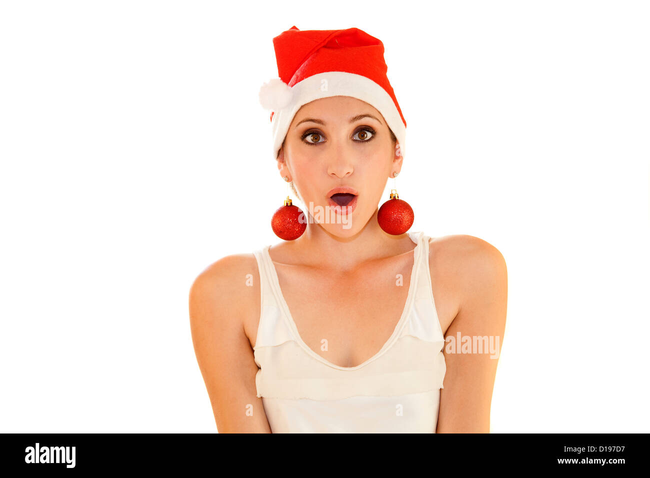 Femme Surprise in Christmas hat Banque D'Images