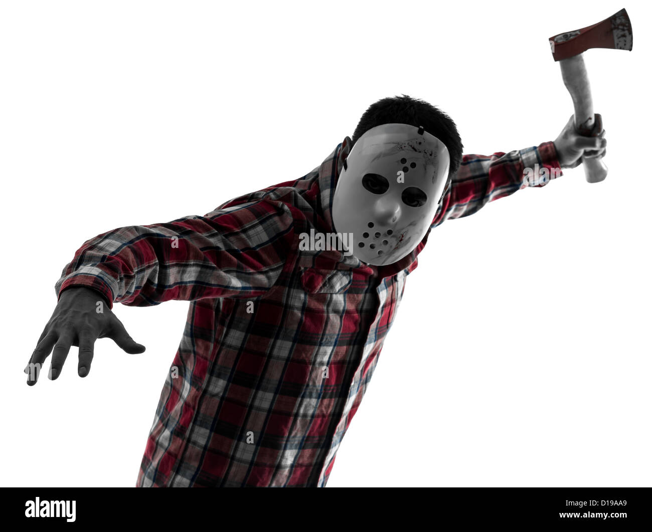 Un homme d'être un tueur en série avec masque portrait en silhouette studio isolé sur fond blanc Banque D'Images