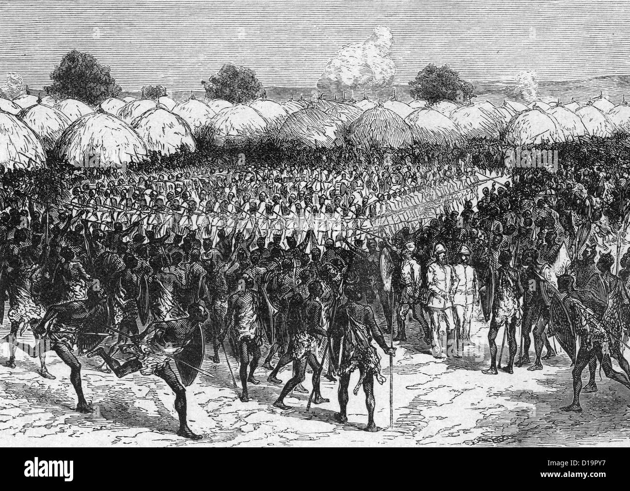 SIR SAMUEL BAKER (1821-1893) rencontre un accueil hostile à Masindi, à la tête d'une force militaire pour réprimer la traite des esclaves en 1869 Banque D'Images