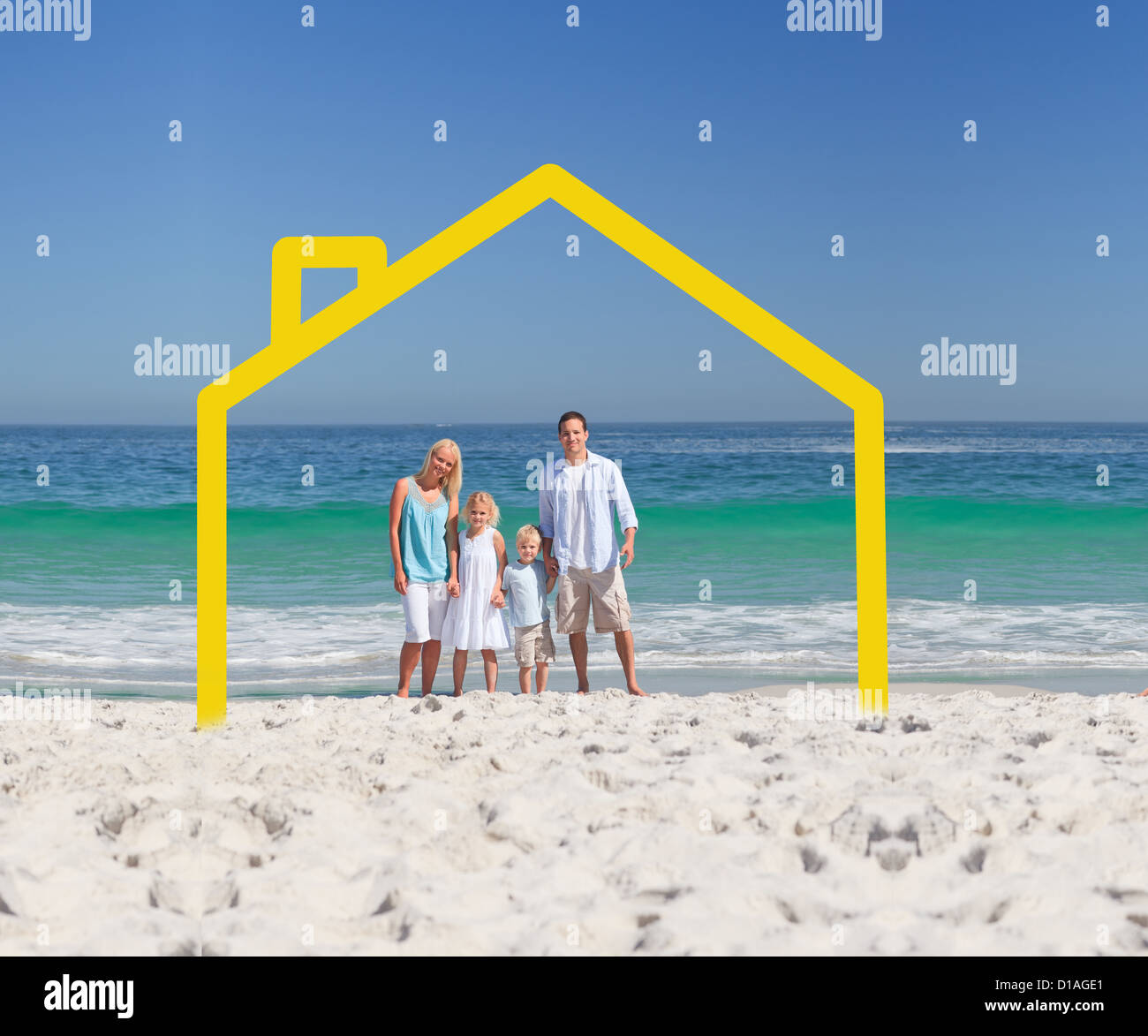 Famille posant avec une maison jaune illustration Banque D'Images