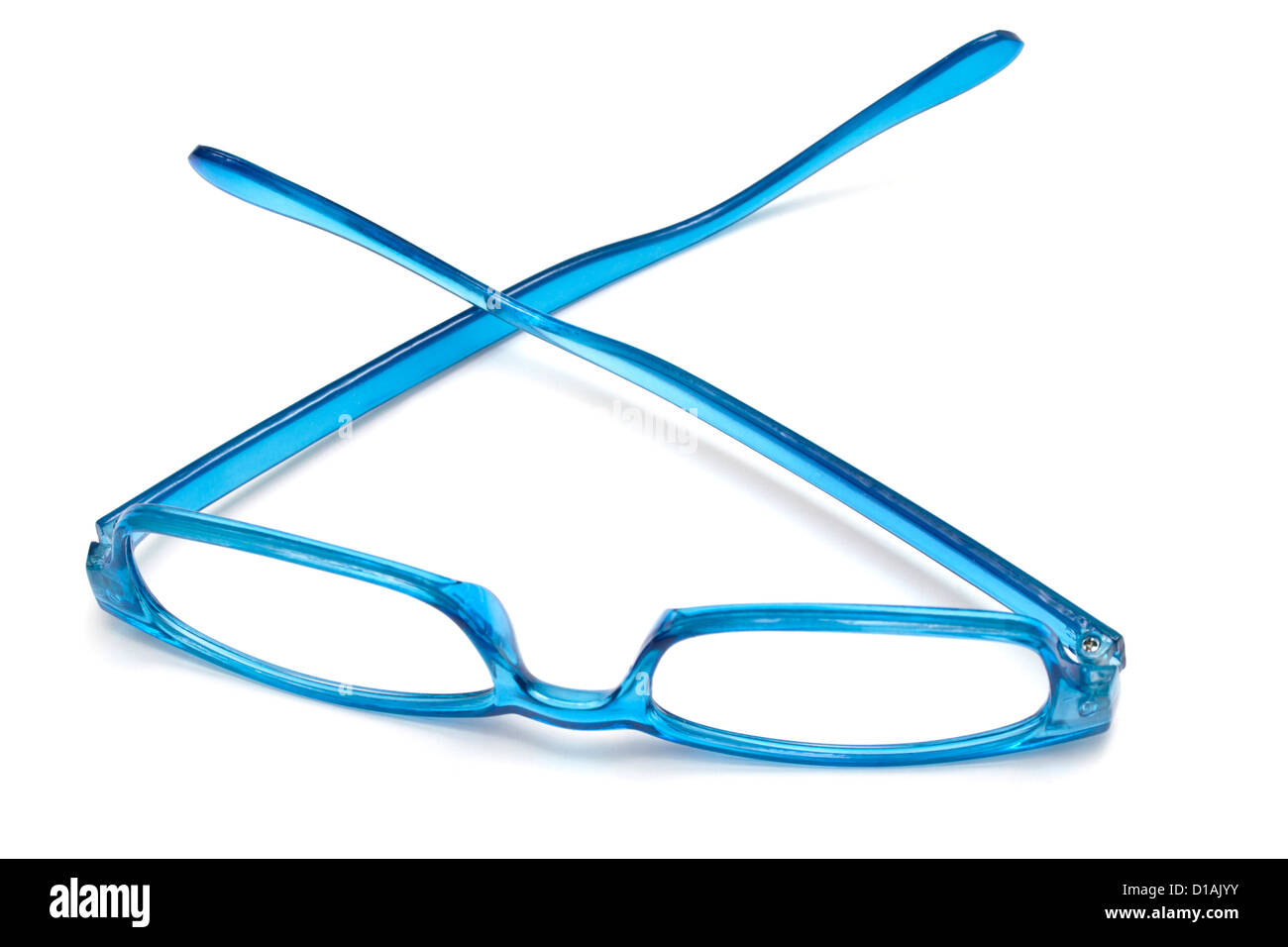 Belles lunettes bleu sur fond blanc gros plan Banque D'Images