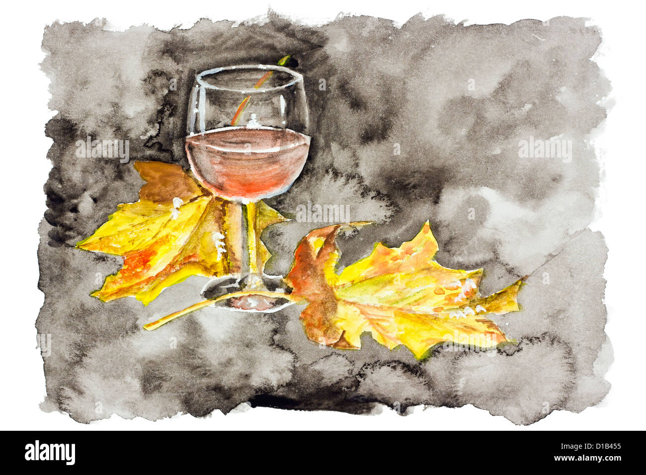 Nuit d'automne vin rouge de passion concept- handmade aquarelle illustration sur un papier blanc art fond Banque D'Images
