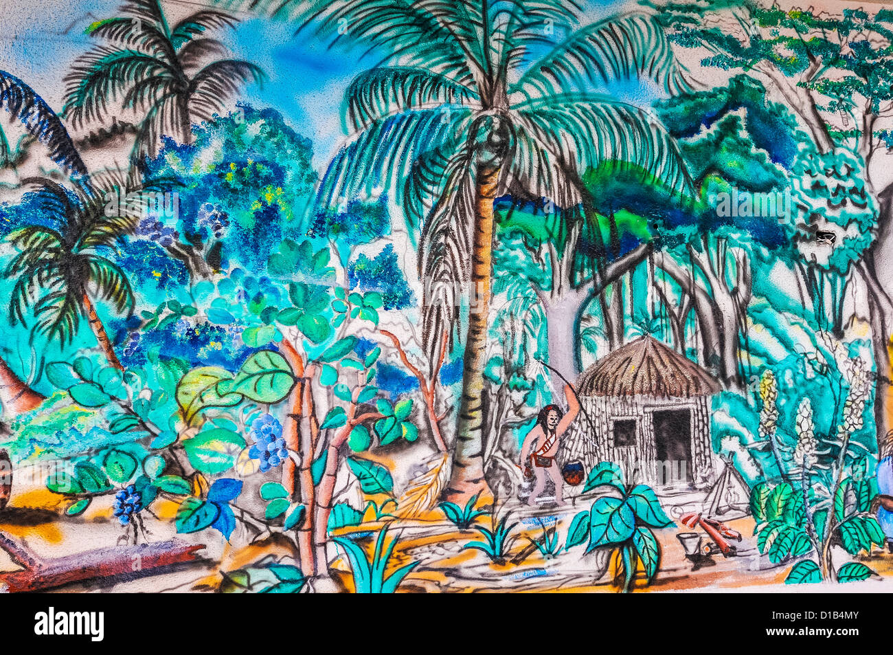 Peinture murale, jungle et huttes, Basseterre; St.kitts; île des caraïbes Banque D'Images