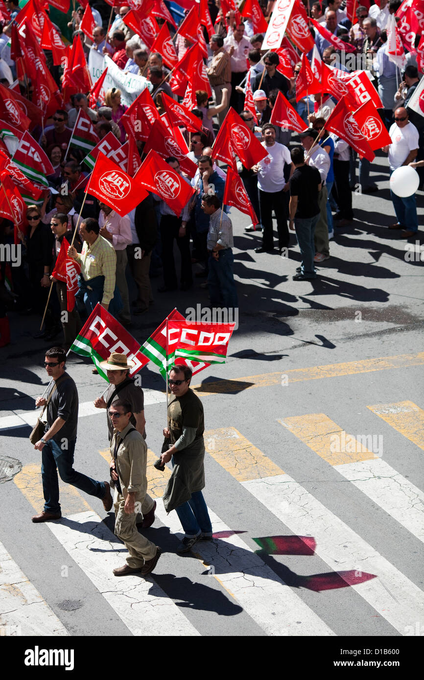 Séville, Espagne, l'UGT et CCOO syndicalistes dans la rue Banque D'Images